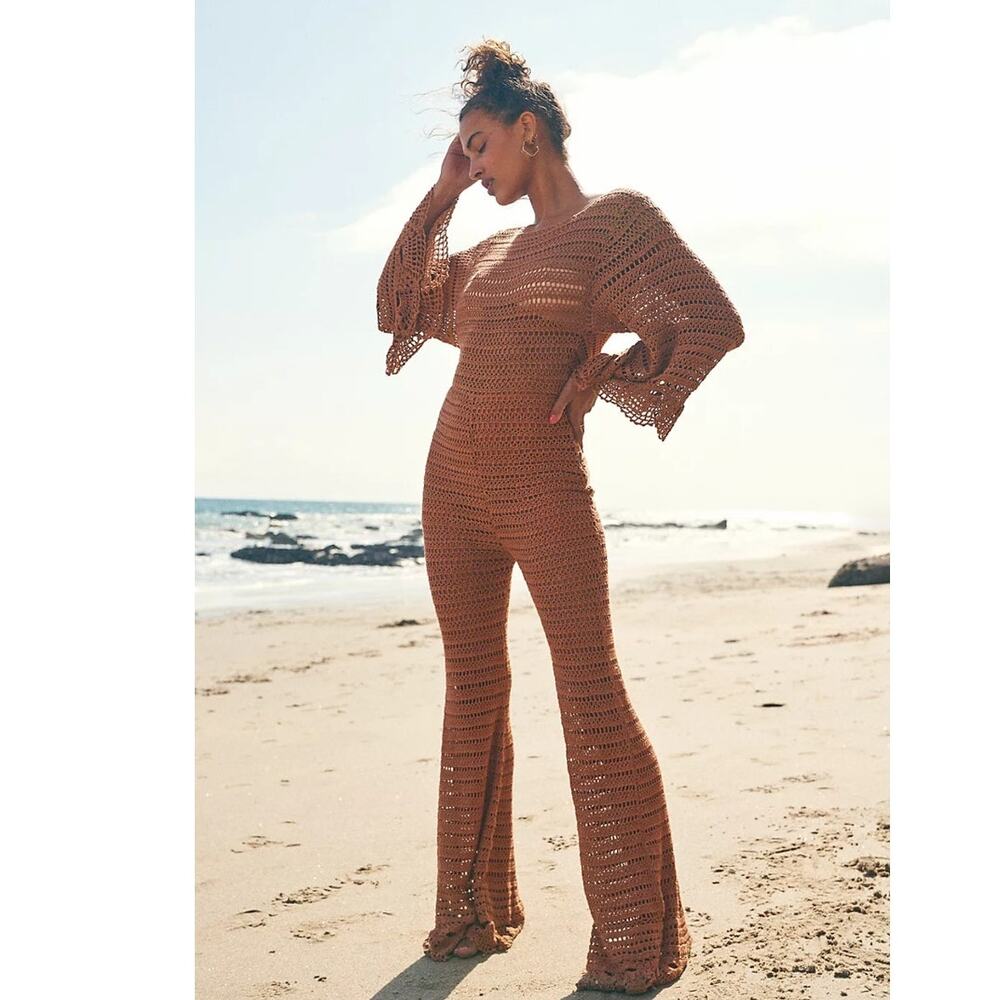 New Free People Desert Roads Crochet Flare Jumpsuit $298 MEDIUM Brown Lace